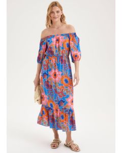 Blue Floral Bardot Midi Dress - Blue - 8