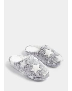 Grey Star Print Mule Slippers - Grey - L